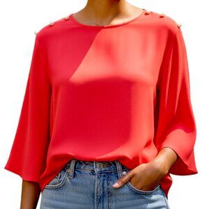 Zara Basic Red Flowy Blouse with Pearl Accent Shoulders Women's Size S